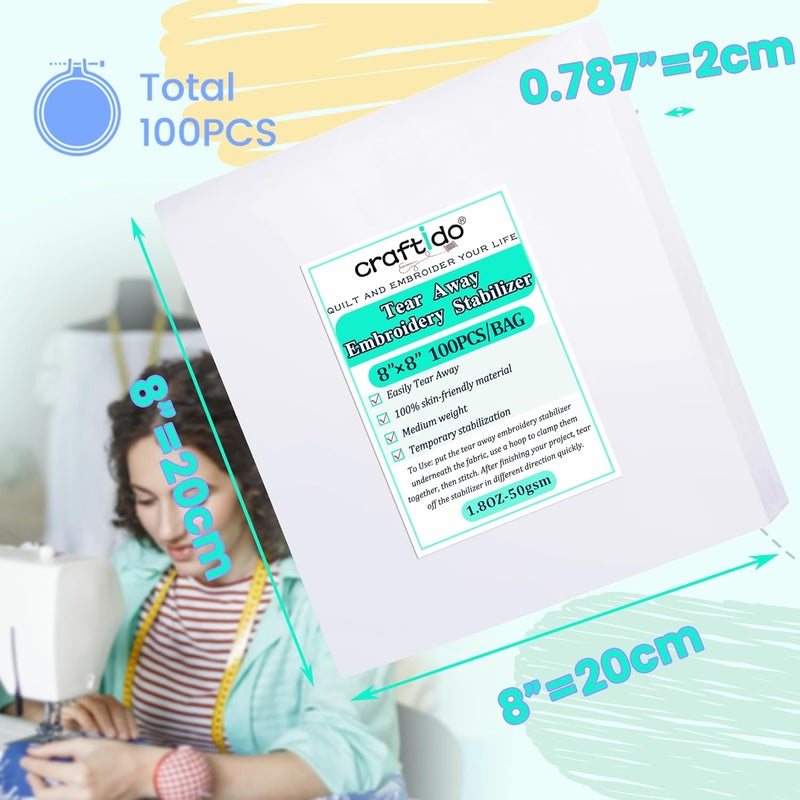 craftido 8"x8" 100 Sheets Tear Away Embroidery Stabilizer Backing for 4x4 and 6x6 Hoops 1.8oz Medium Weight for Machine Embroidery and Hand Sewing - Image 2